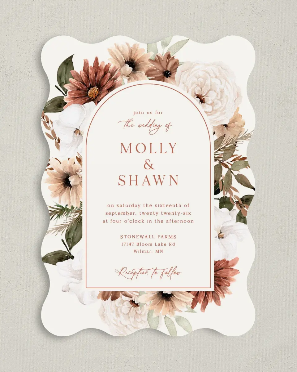 This is a 5" x 7" Wavy Wedding Invitation called Autumn Blooms printed in full color on Premium Smooth paper