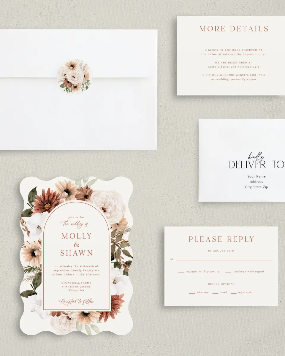 This is a 5" x 7" Wavy Wedding Invitation called Autumn Blooms printed in full color with Silver foil on Luxe Satin (coated) paper