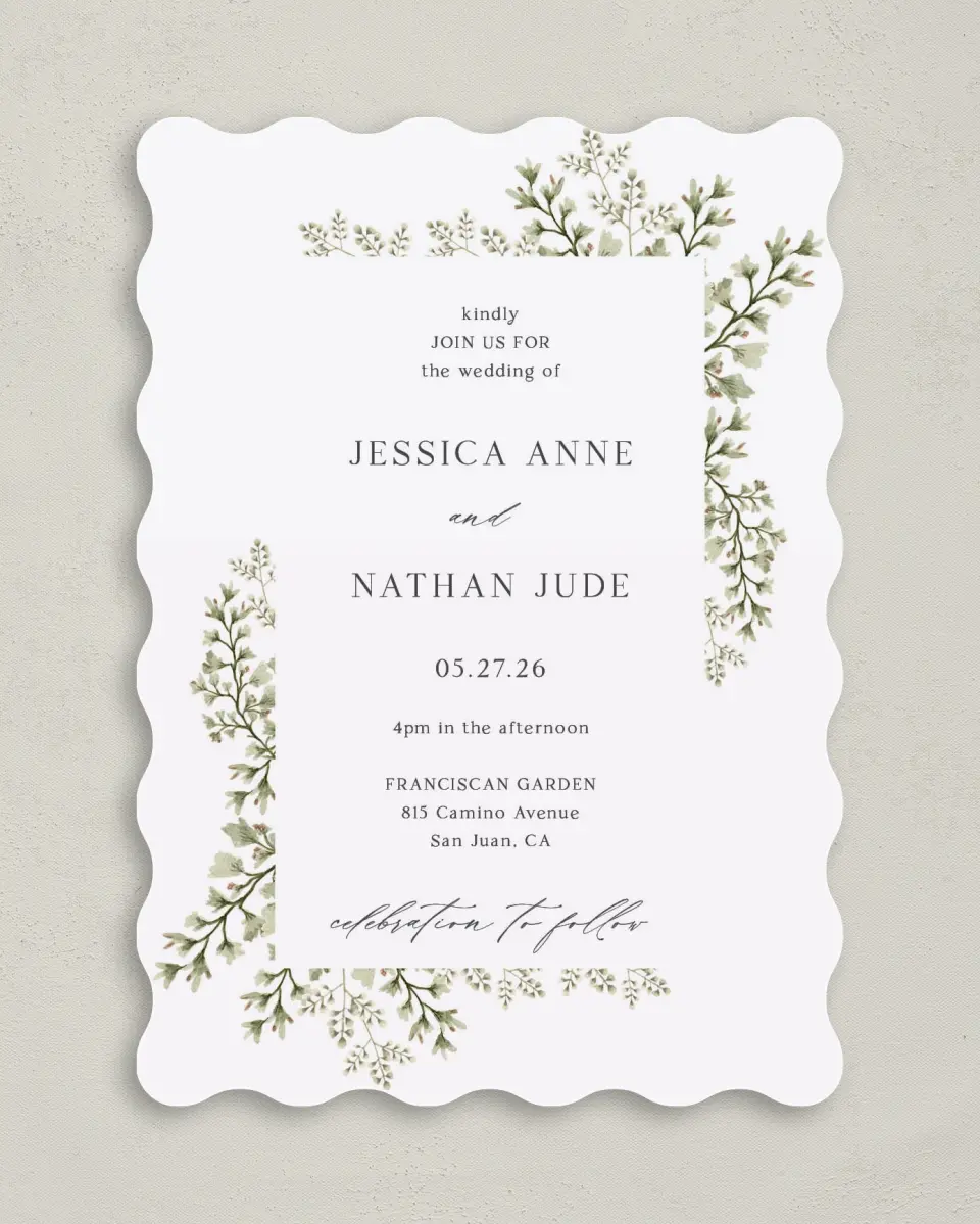 This is a 5" x 7" Wavy Wedding Invitation called Leaves of Love printed in full color on Premium Smooth paper
