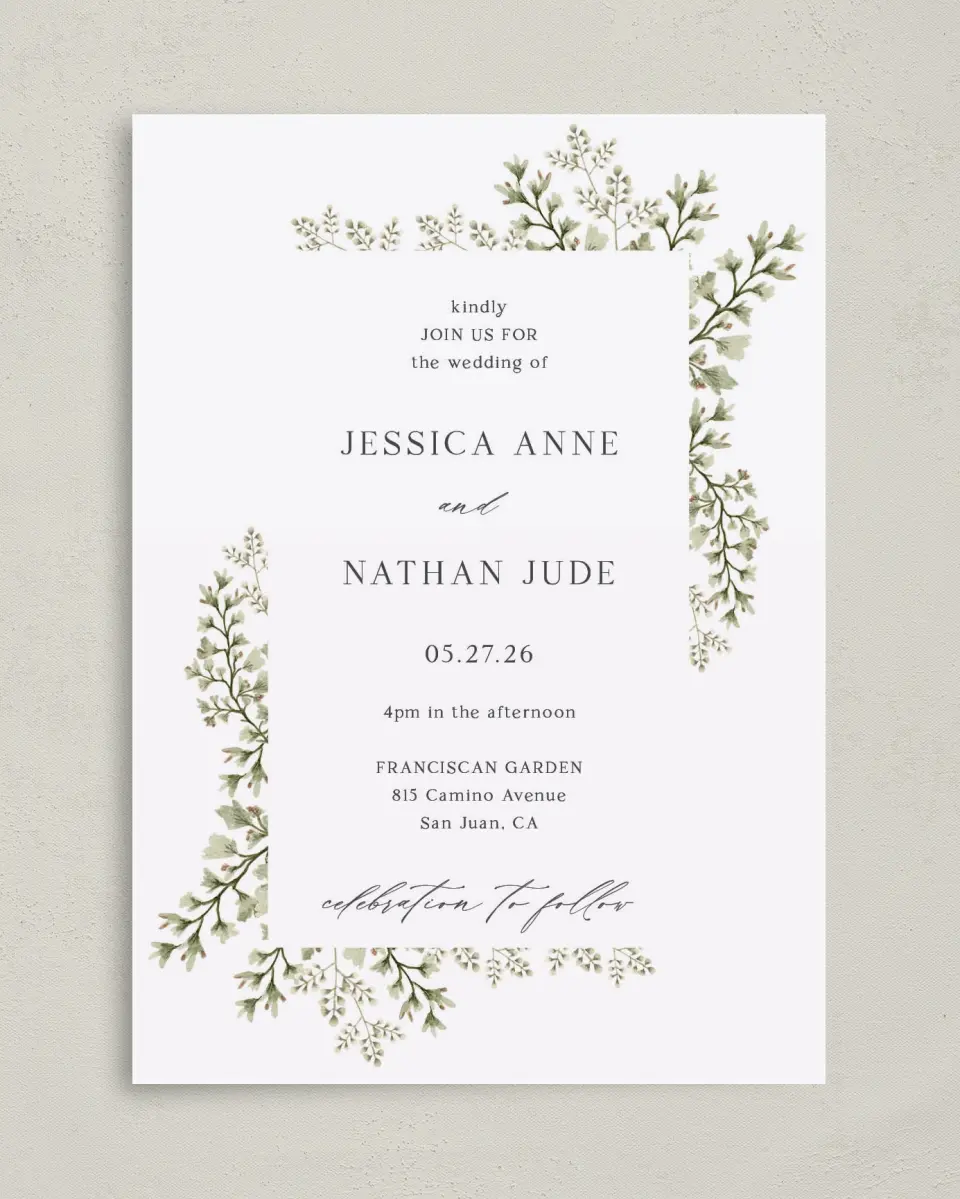This is a 5" x 7" Classic Wedding Invitation called Leaves of Love printed in full color with Rose Gold foil on Luxe Satin (coated) paper