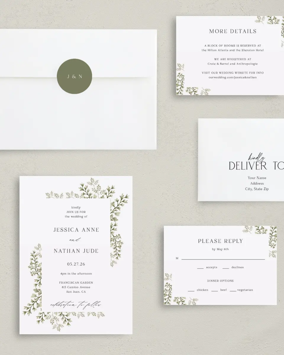 This is a 5" x 7" Classic Wedding Invitation called Leaves of Love printed in full color with Rose Gold foil on Luxe Satin (coated) paper