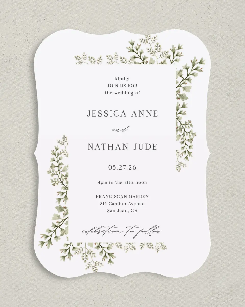This is a 5" x 7" Bracket Wedding Invitation called Leaves of Love printed in full color with Silver foil on Luxe Satin (coated) paper