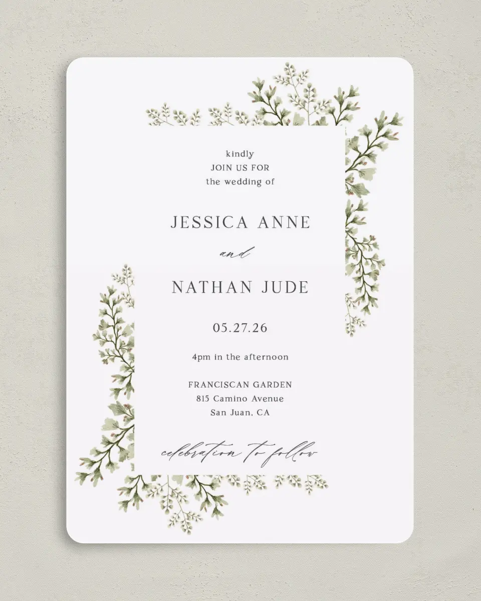 This is a 5" x 7" Rounded Wedding Invitation called Leaves of Love printed in full color on Premium Smooth paper