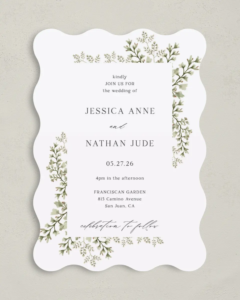 This is a 5" x 7" Wavy Wedding Invitation called Leaves of Love printed in full color on Premium Smooth paper