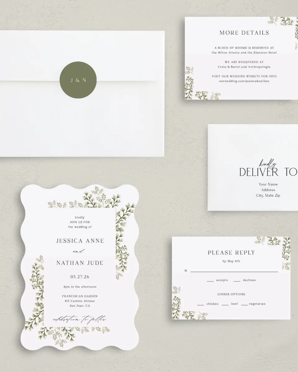 This is a 5" x 7" Wavy Wedding Invitation called Leaves of Love printed in full color with Silver foil on Luxe Satin (coated) paper