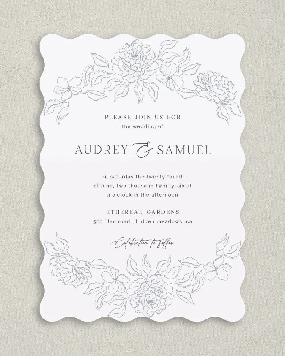 This is a 5" x 7" Wavy Wedding Invitation called Graceful Petals printed in full color on Premium Smooth paper