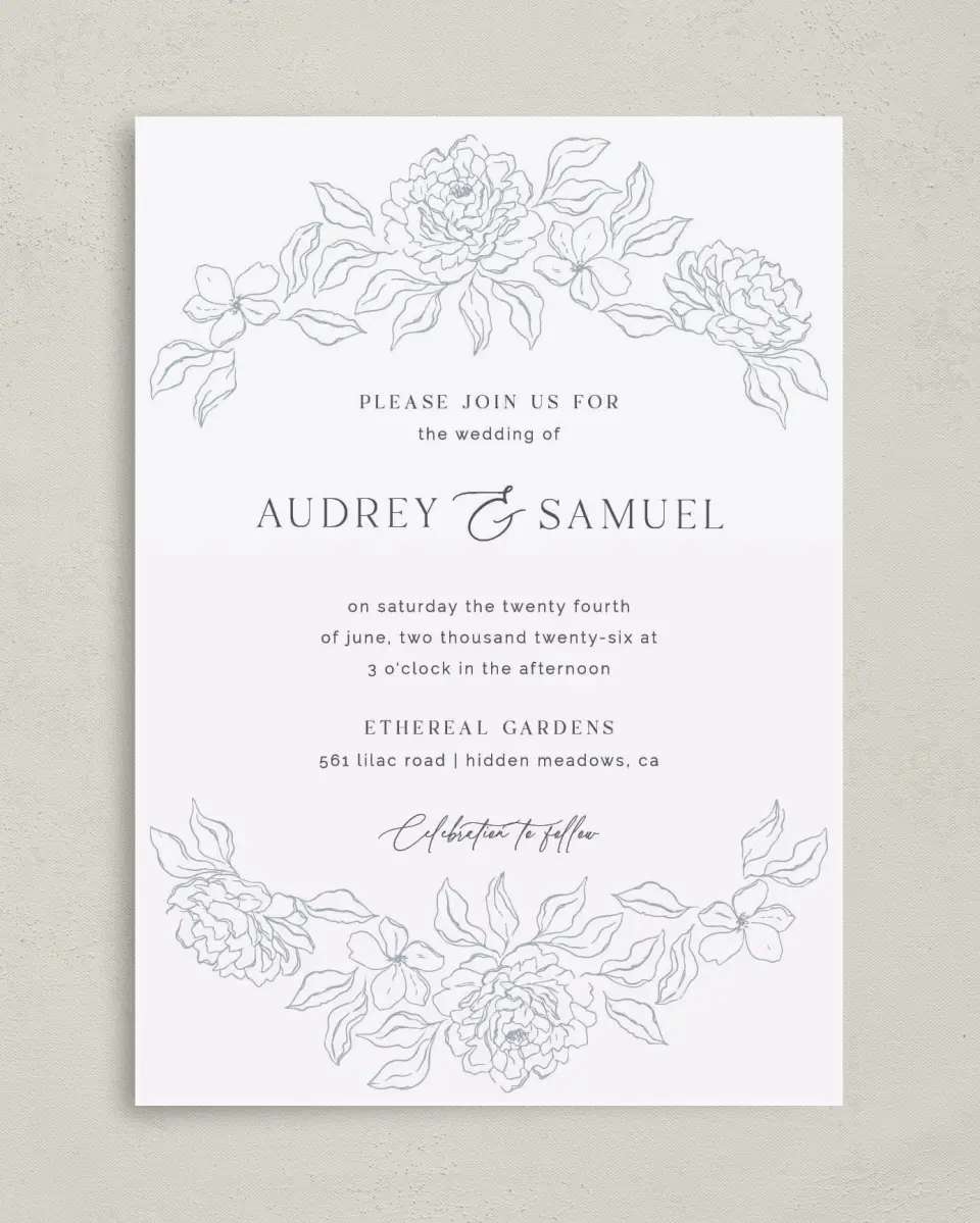 This is a 5" x 7" Classic Wedding Invitation called Graceful Petals printed in full color on Premium Smooth paper