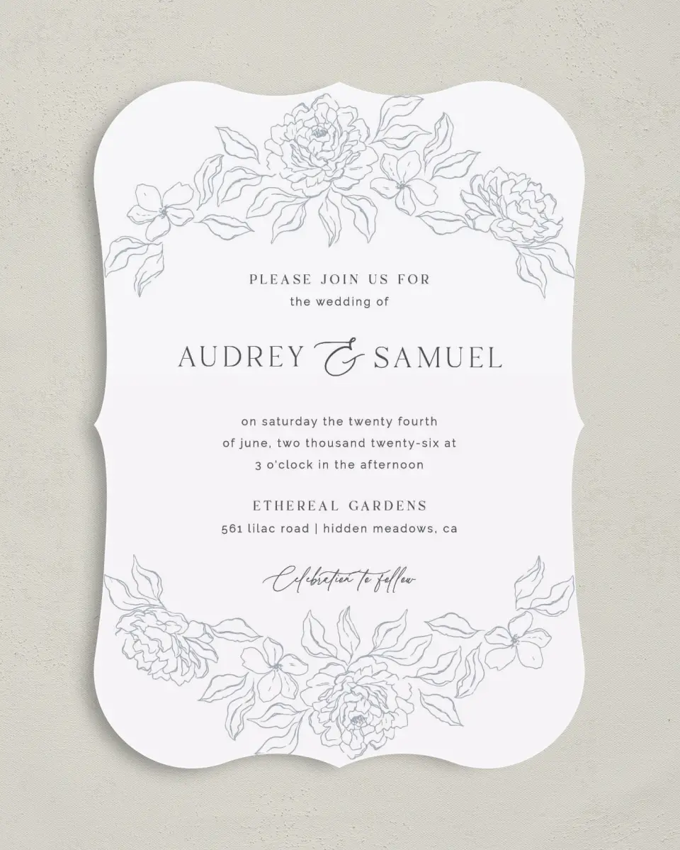 This is a 5" x 7" Bracket Wedding Invitation called Graceful Petals printed in full color on Premium Smooth paper