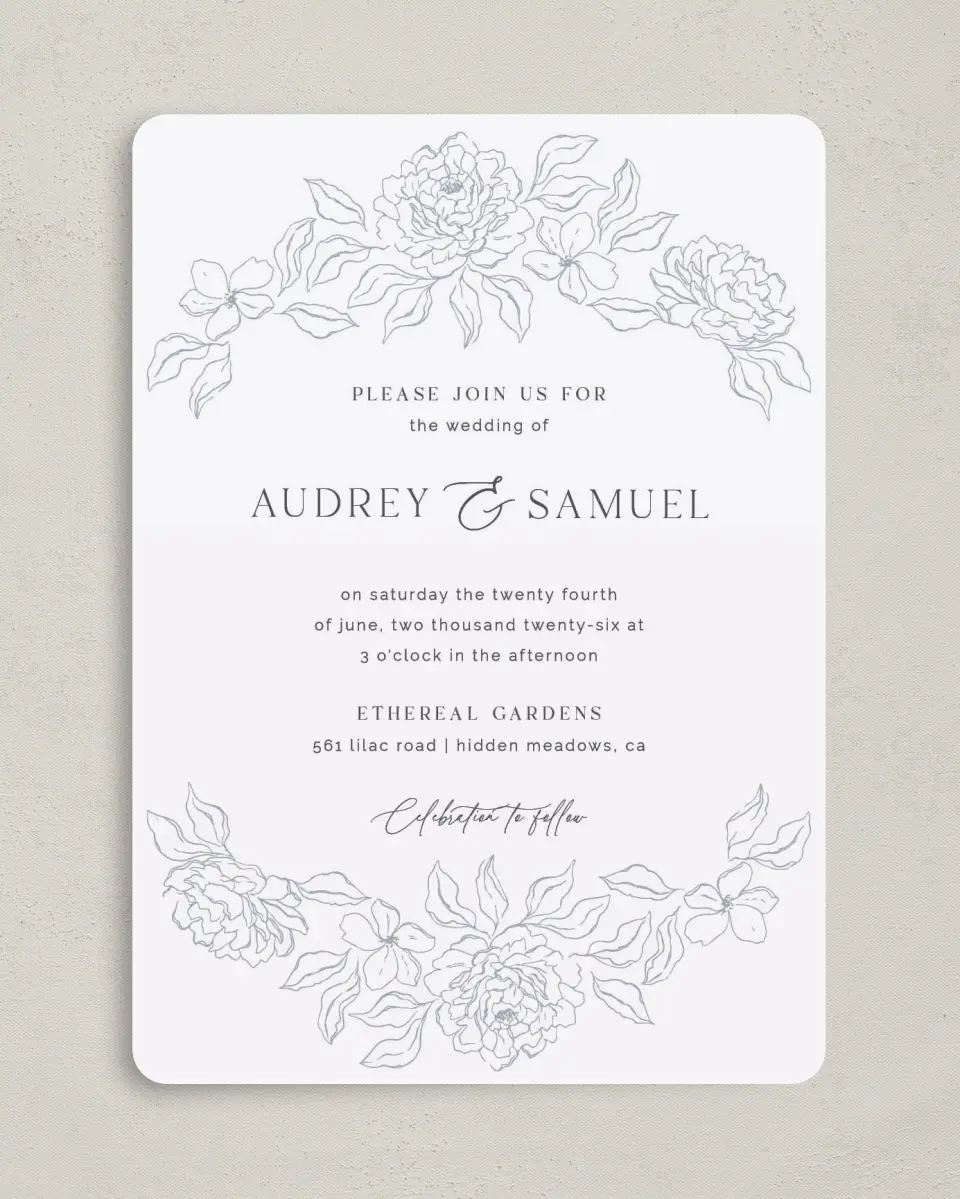 This is a 5" x 7" Rounded Wedding Invitation called Graceful Petals printed in full color on Premium Smooth paper