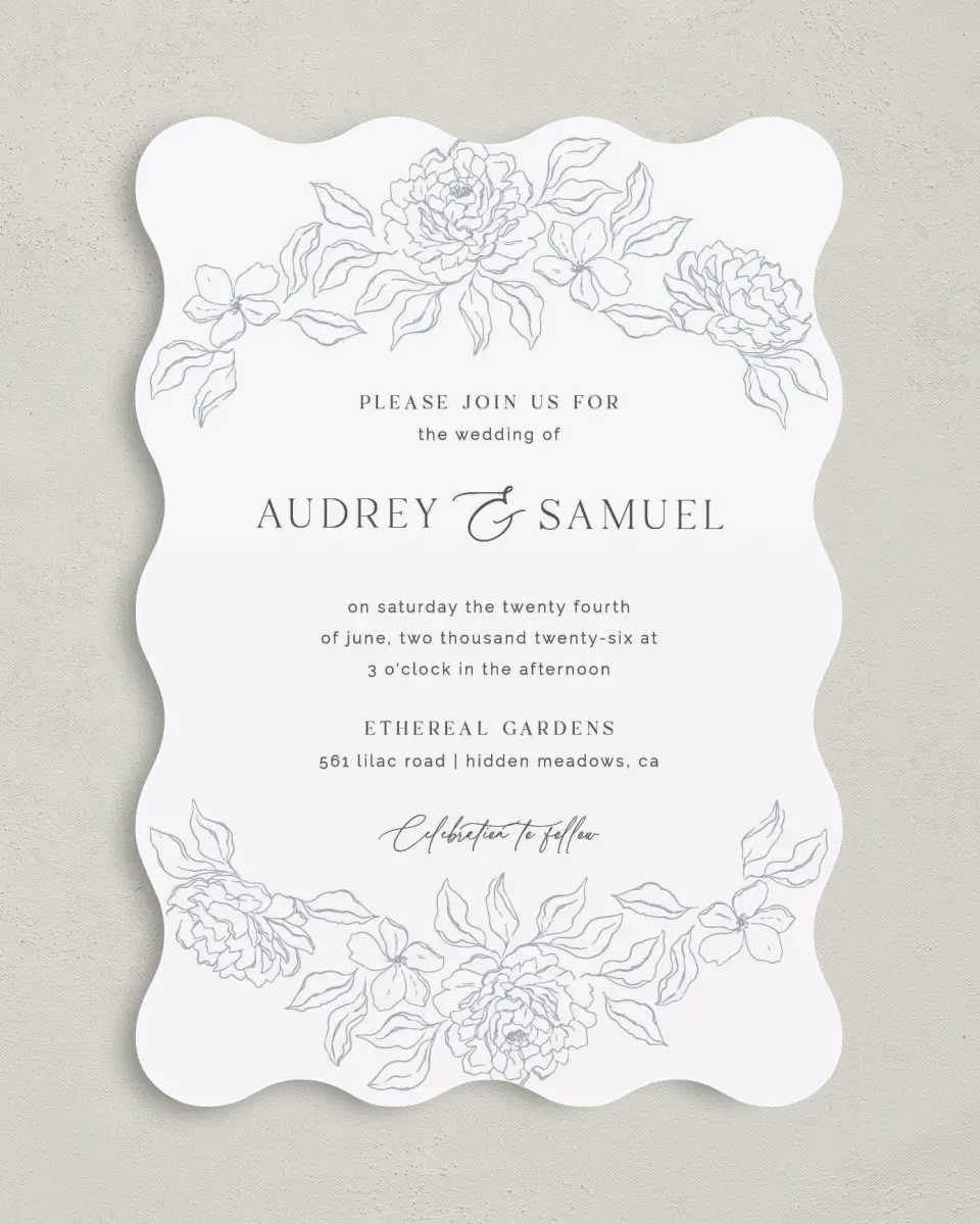 This is a 5" x 7" Wavy Wedding Invitation called Graceful Petals printed in full color on Premium Smooth paper