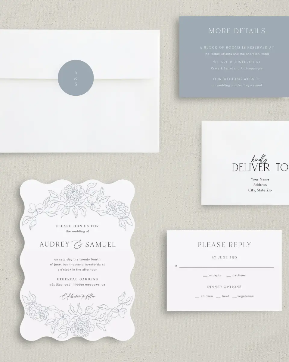 This is a 5" x 7" Wavy Wedding Invitation called Graceful Petals printed in full color with Silver foil on Luxe Satin (coated) paper