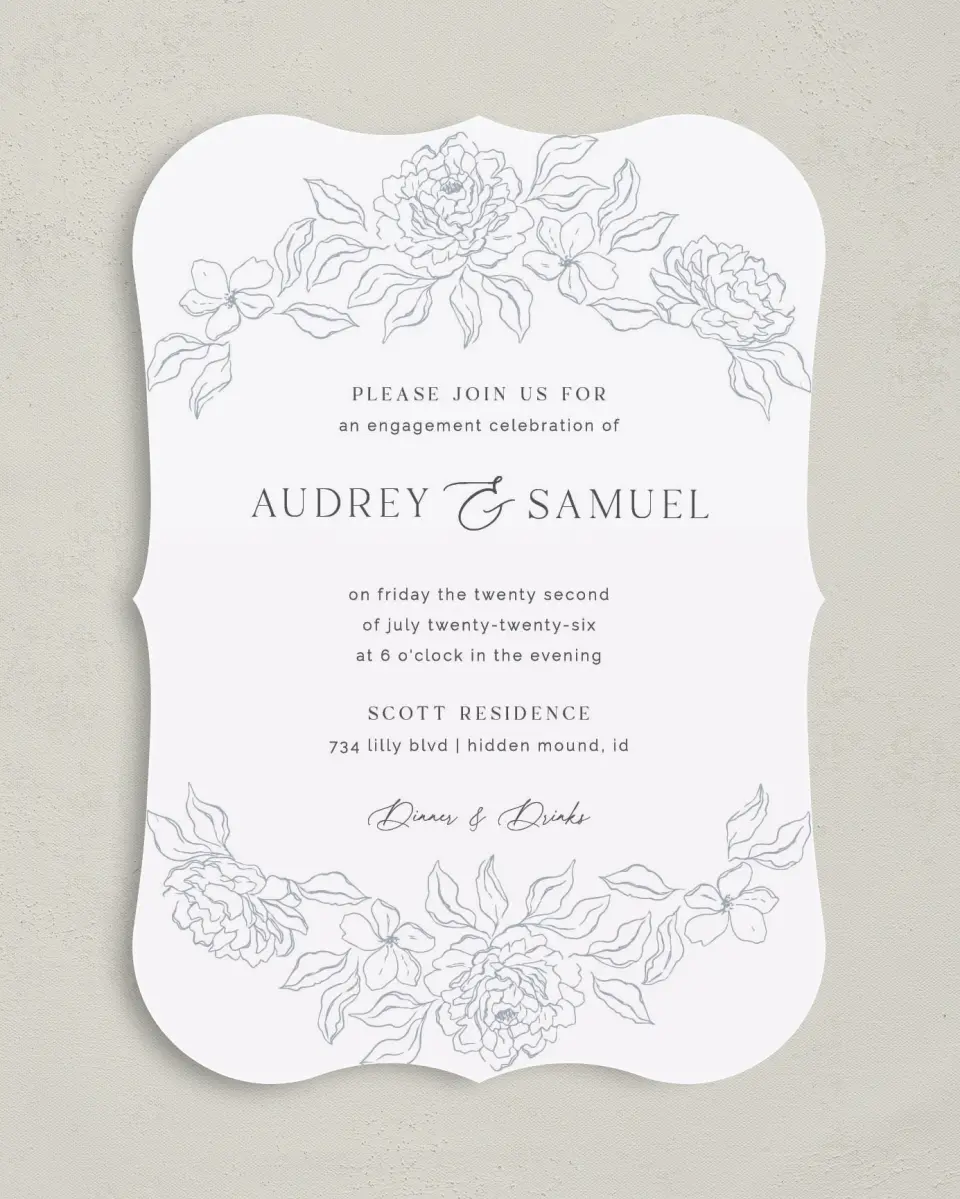 This is a 5" x 7" Engagement Party Invitation called Graceful Petals printed in full color on Premium Smooth paper