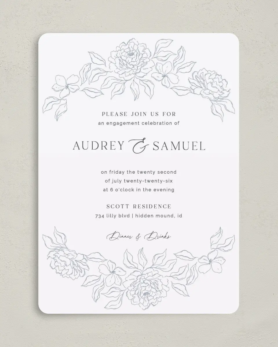 This is a 5" x 7" Engagement Party Invitation called Graceful Petals printed in full color on Premium Smooth paper