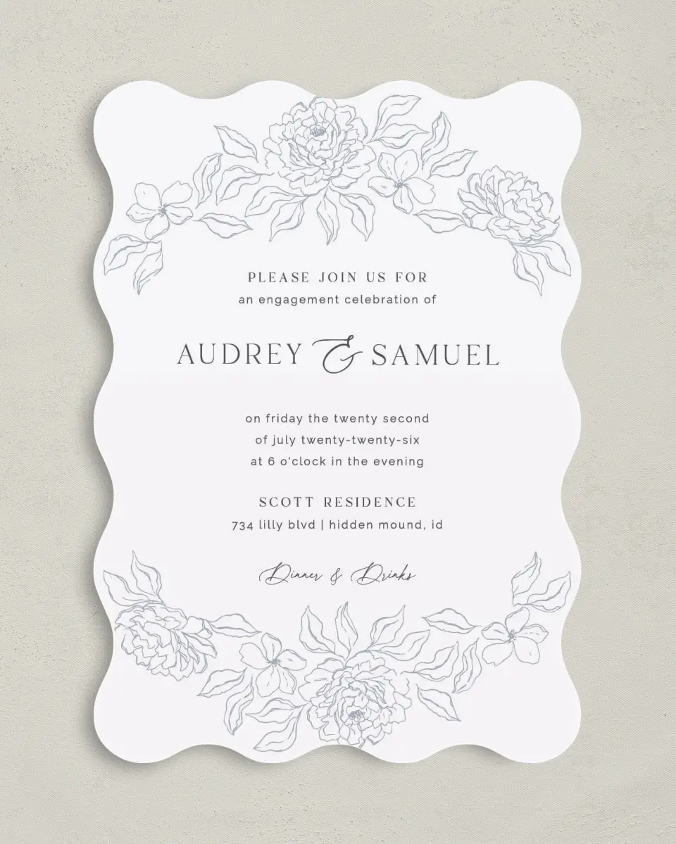 This is a 5" x 7" Wavy Wedding Invitation called Graceful Petals printed in full color with Silver foil on Luxe Satin (coated) paper