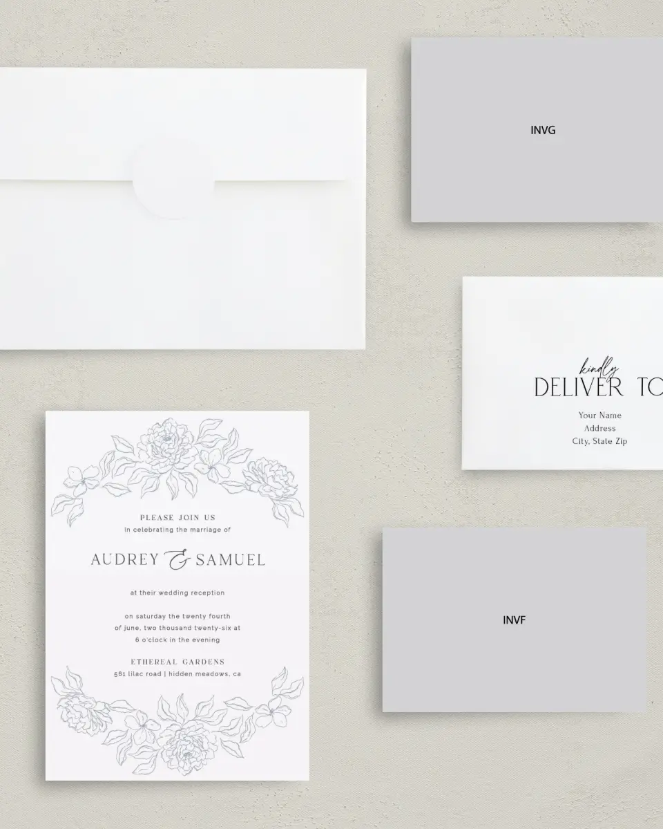 This is a 5" x 7" Reception-Only - CP called Graceful Petals printed in full color with Silver foil on Luxe Satin (coated) paper