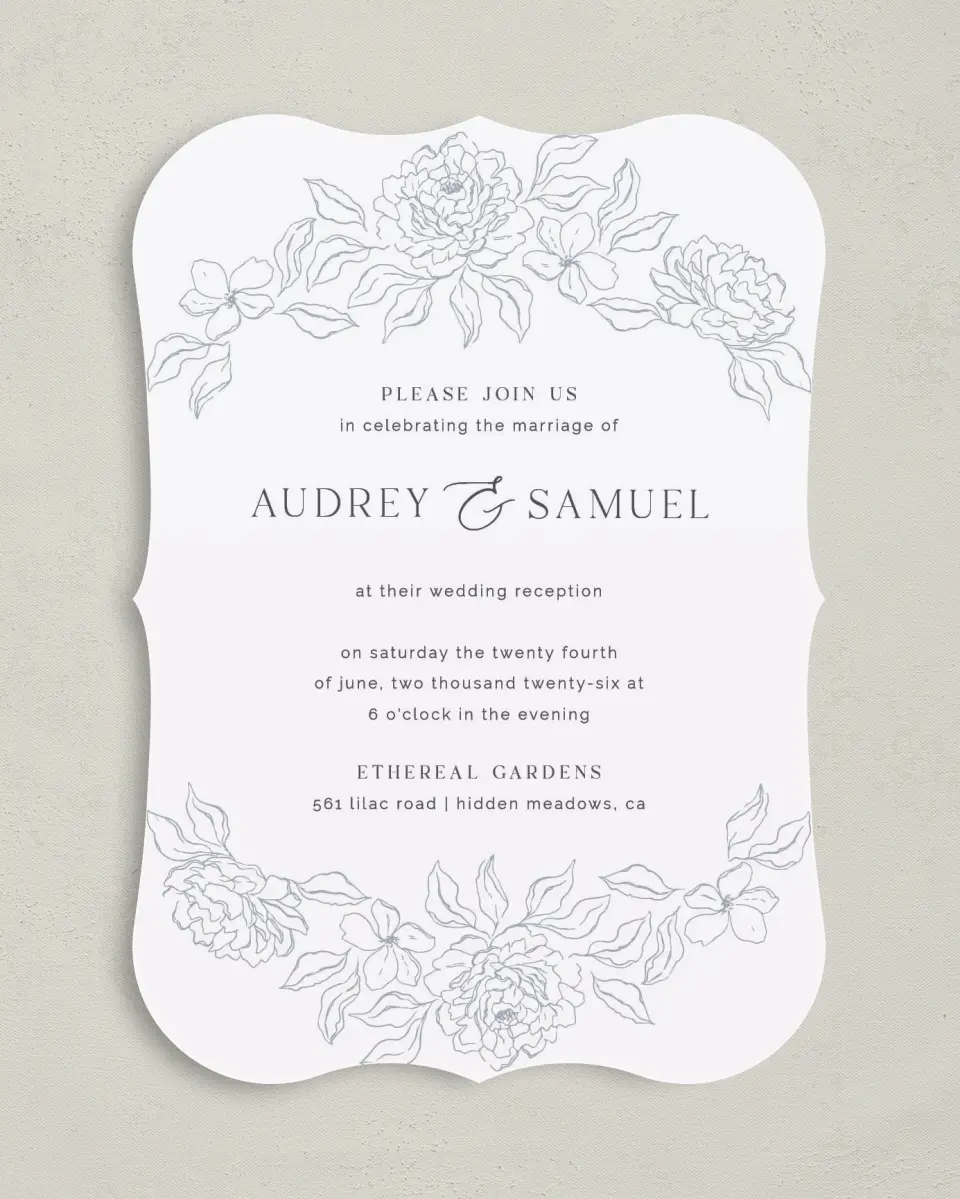 This is a 5" x 7" Reception-Only - CP called Graceful Petals printed in full color with Silver foil on Luxe Satin (coated) paper