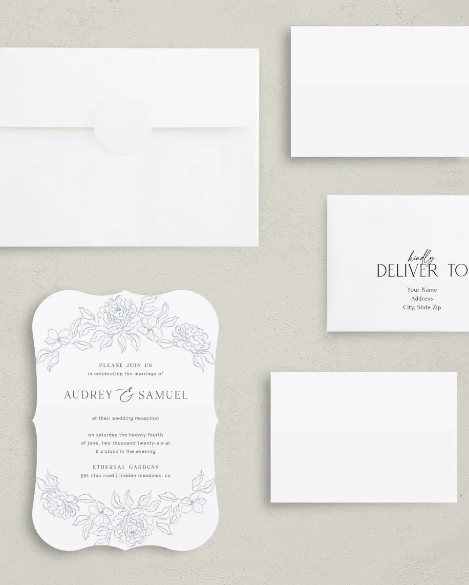 This is a 5" x 7" Reception-Only - CP called Graceful Petals printed in full color with Silver foil on Luxe Satin (coated) paper
