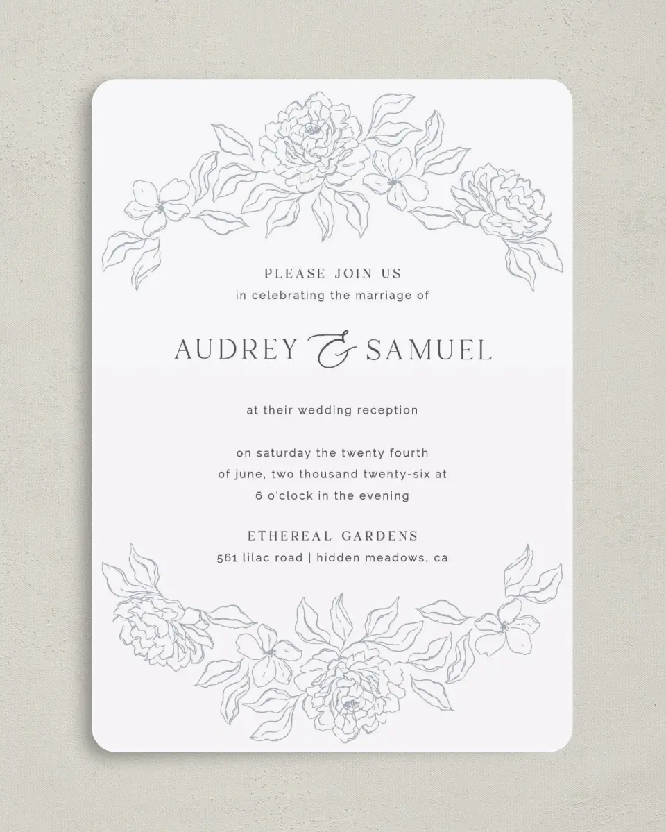 This is a 5" x 7" Reception-Only - CP called Graceful Petals printed in full color on Premium Smooth paper