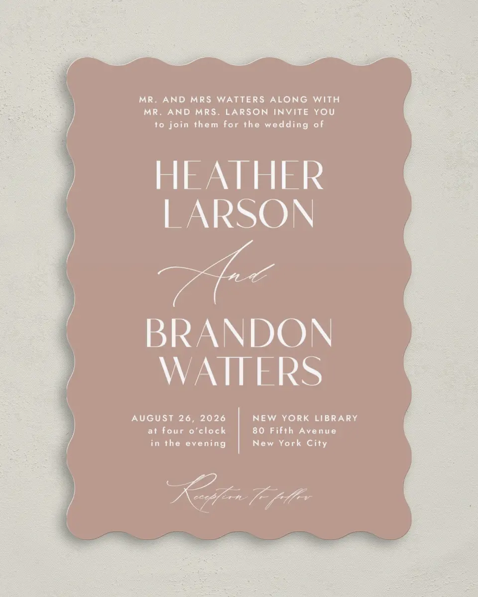 This is a 5" x 7" Wavy Wedding Invitation called Neat Names printed in full color on Premium Smooth paper