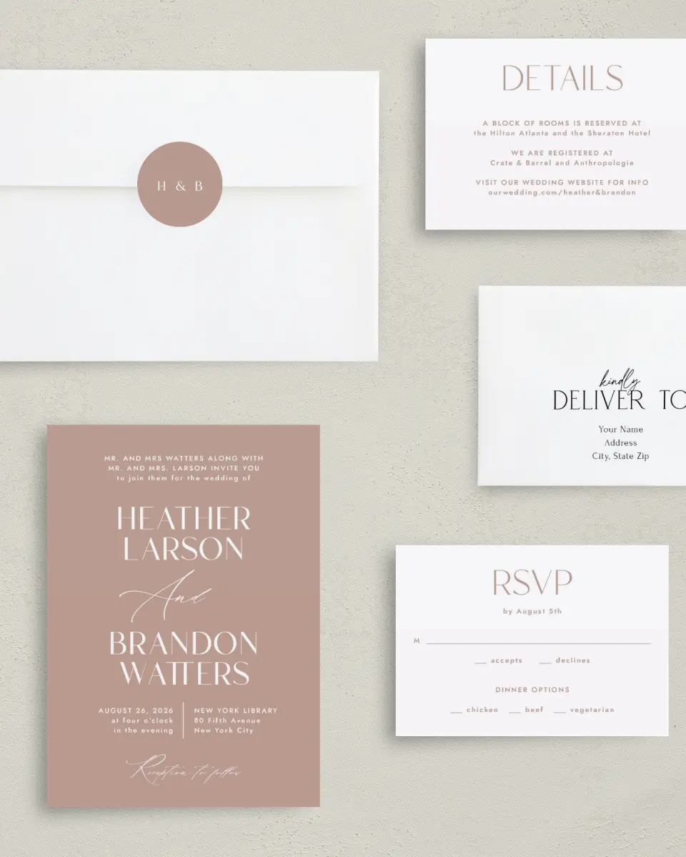 This is a 5" x 7" Classic Wedding Invitation called Neat Names printed in full color with Rose Gold foil on Luxe Satin (coated) paper