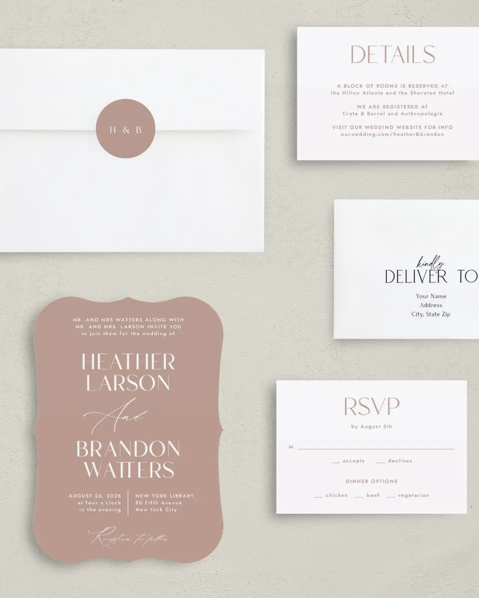 This is a 5" x 7" Bracket Wedding Invitation called Neat Names printed in full color with Silver foil on Luxe Satin (coated) paper