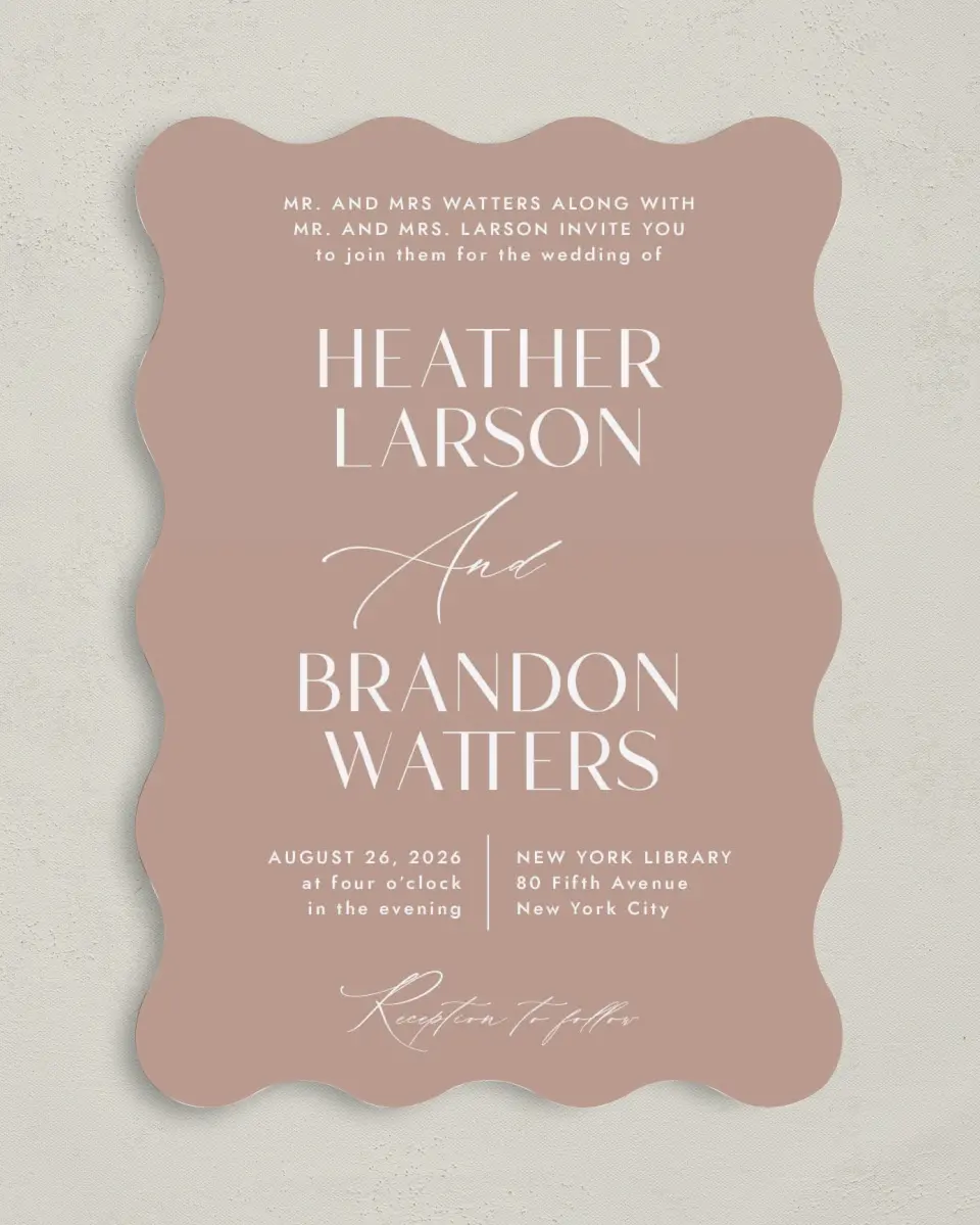 This is a 5" x 7" Wavy Wedding Invitation called Neat Names printed in full color on Premium Smooth paper