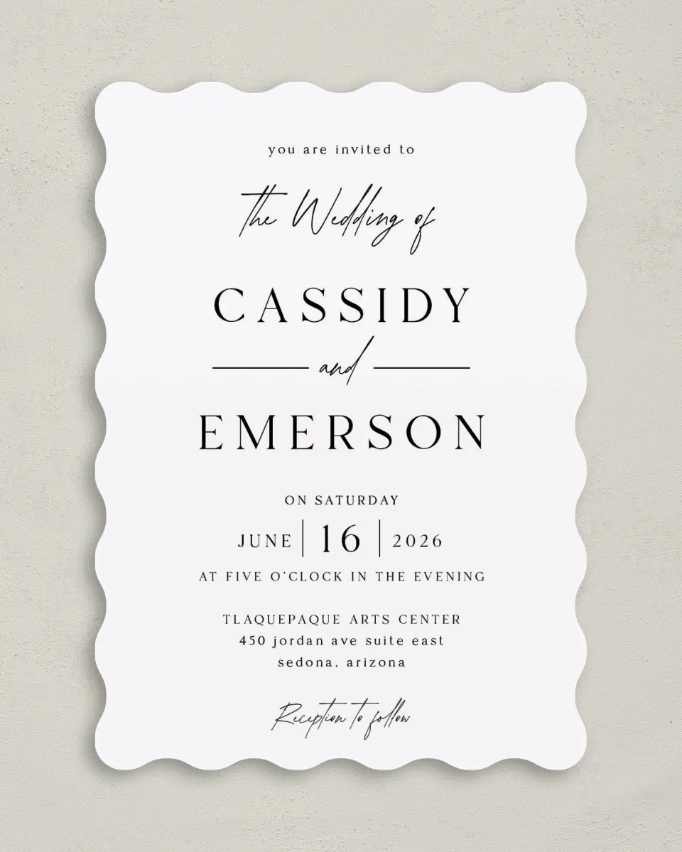 This is a 5" x 7" Wavy Wedding Invitation called Devoted Delight printed in full color on Premium Smooth paper