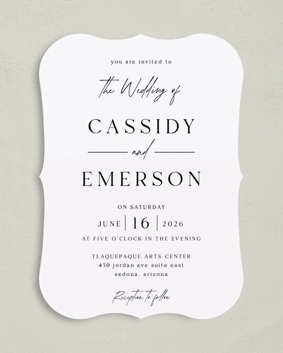 This is a 5" x 7" Bracket Wedding Invitation called Devoted Delight printed in full color on Premium Smooth paper