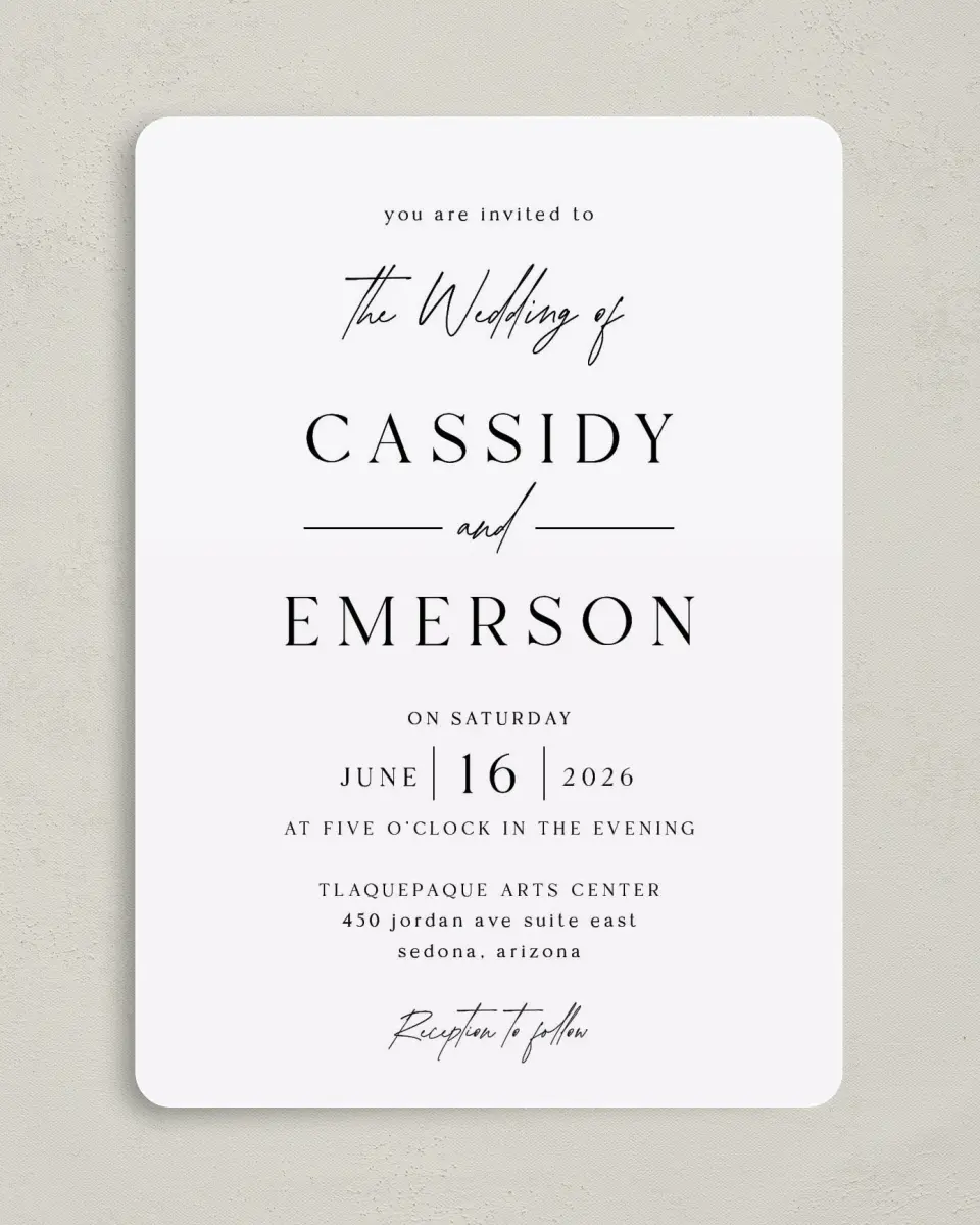 This is a 5" x 7" Rounded Wedding Invitation called Devoted Delight printed in full color on Premium Smooth paper