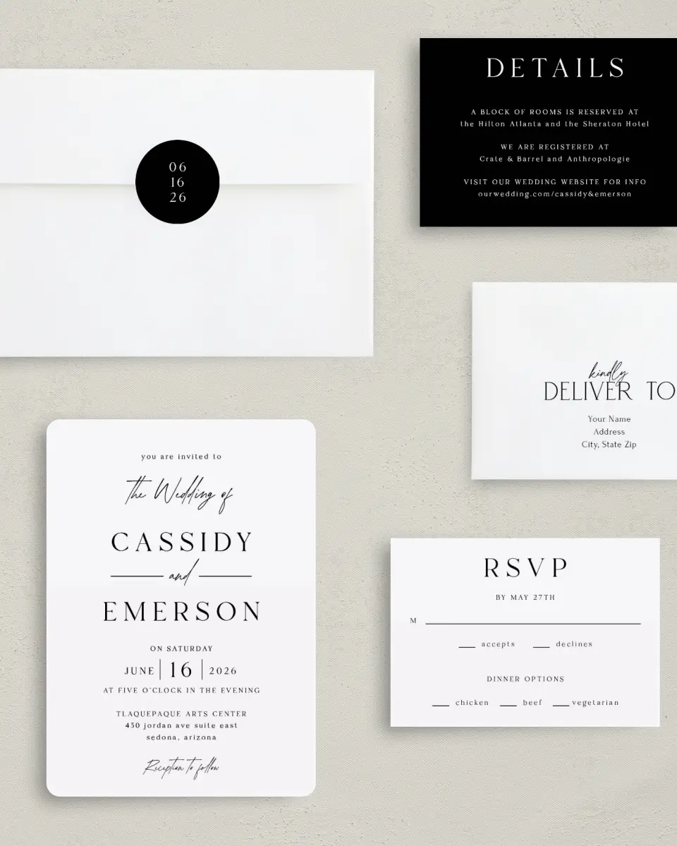 This is a 5" x 7" Rounded Wedding Invitation called Devoted Delight printed in full color with Silver foil on Luxe Satin (coated) paper