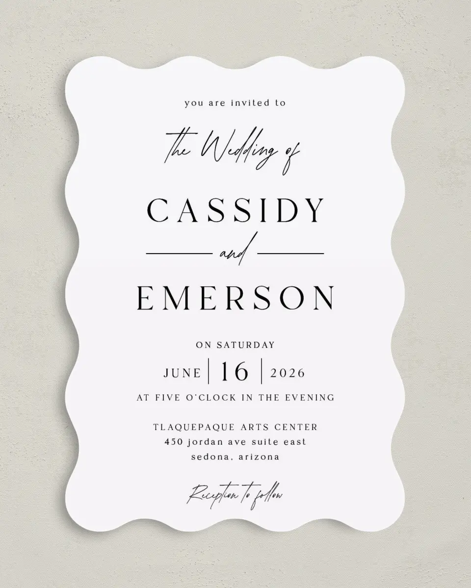 This is a 5" x 7" Wavy Wedding Invitation called Devoted Delight printed in full color on Premium Smooth paper