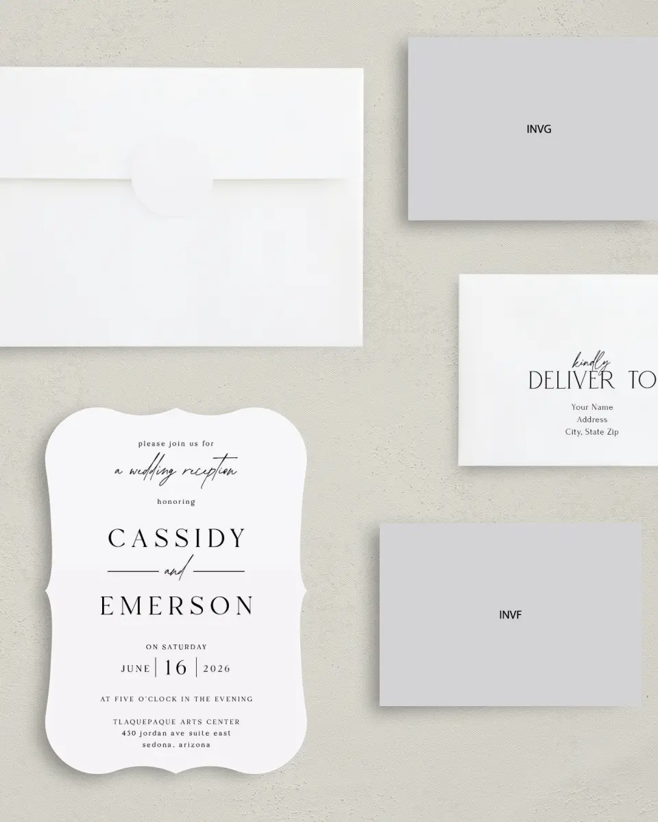 This is a 5" x 7" Reception-Only - CP called Devoted Delight printed in full color with Silver foil on Luxe Satin (coated) paper