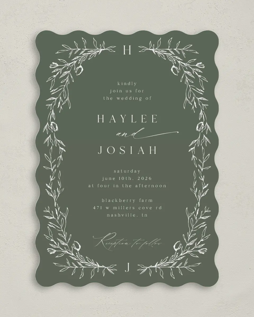 This is a 5" x 7" Wavy Wedding Invitation called Flourishing Frame printed in full color on Premium Smooth paper
