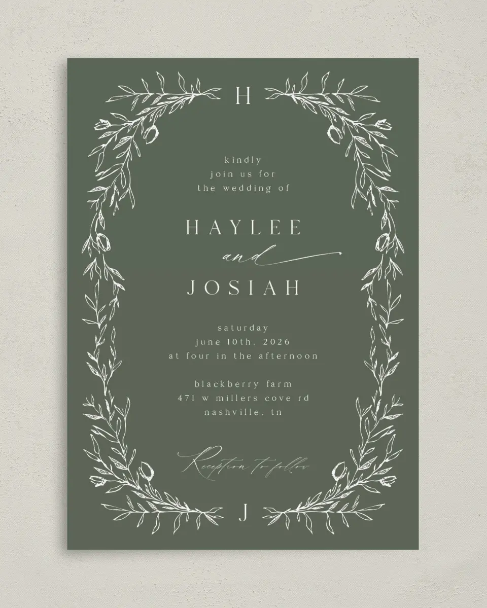 This is a 5" x 7" Classic Wedding Invitation called Flourishing Frame printed in full color on Premium Smooth paper