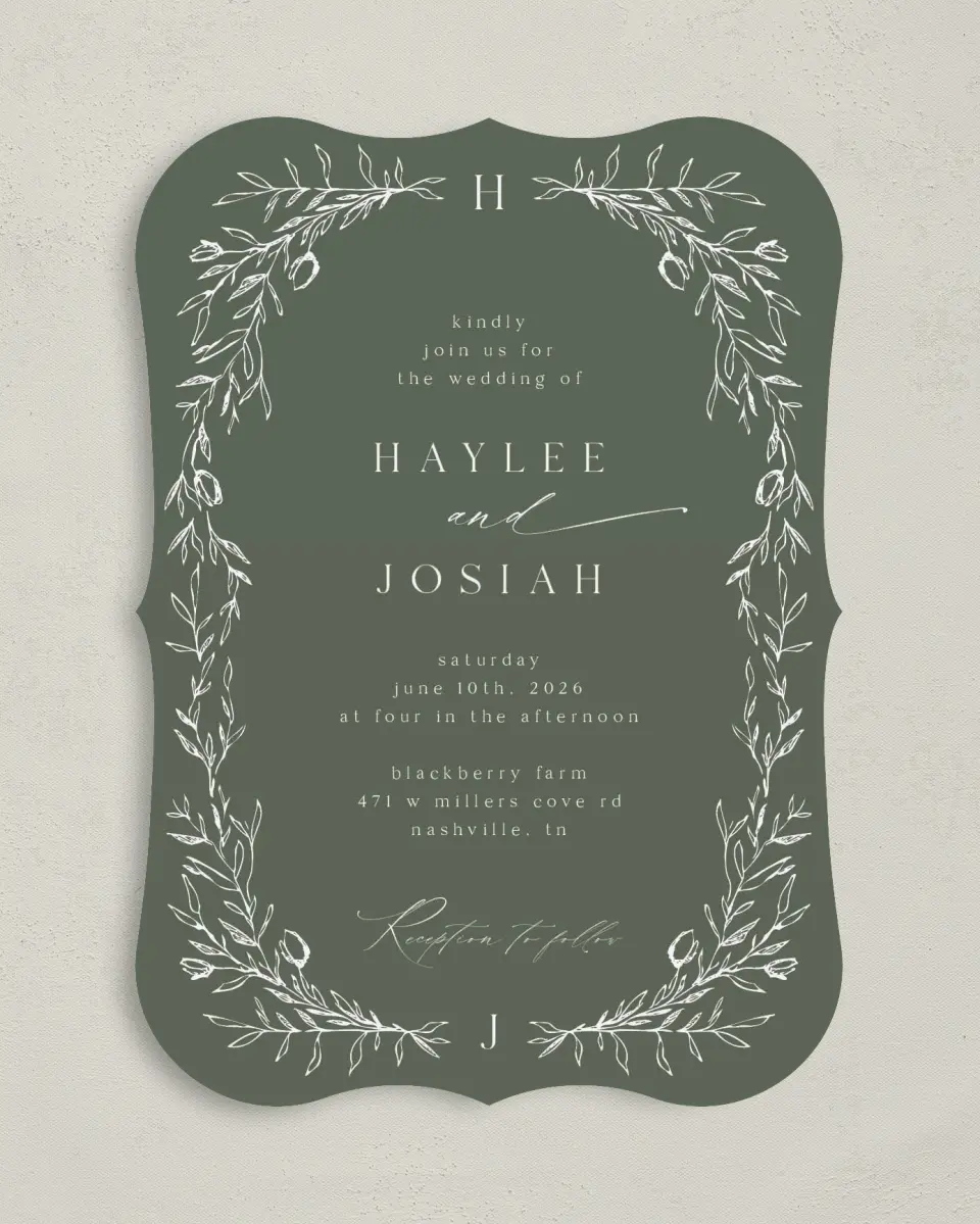 This is a 5" x 7" Bracket Wedding Invitation called Flourishing Frame printed in full color on Premium Smooth paper