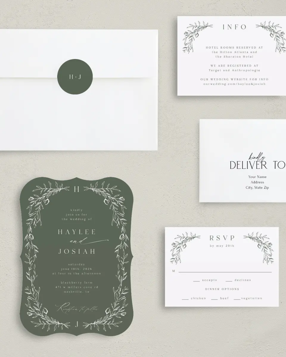 This is a 5" x 7" Bracket Wedding Invitation called Flourishing Frame printed in full color with Rose Gold foil on Luxe Satin (coated) paper