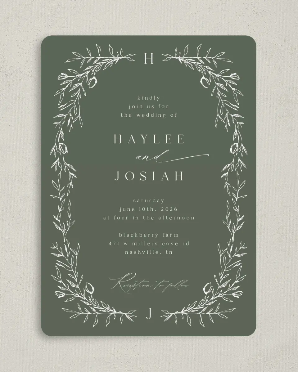 This is a 5" x 7" Rounded Wedding Invitation called Flourishing Frame printed in full color on Premium Smooth paper