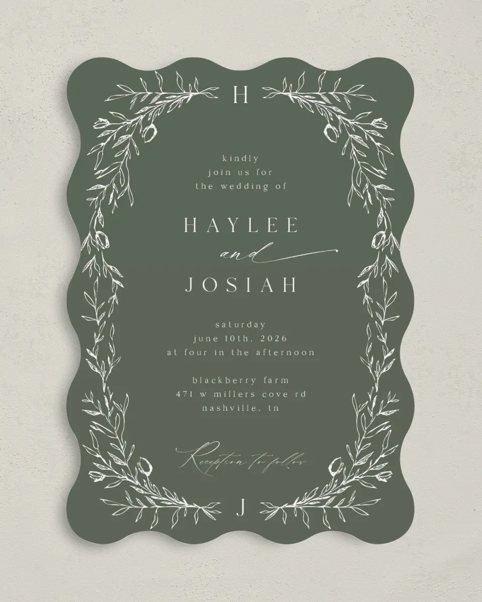 This is a 5" x 7" Wavy Wedding Invitation called Flourishing Frame printed in full color on Premium Smooth paper