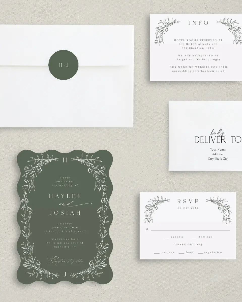 This is a 5" x 7" Wavy Wedding Invitation called Flourishing Frame printed in full color with Silver foil on Luxe Satin (coated) paper