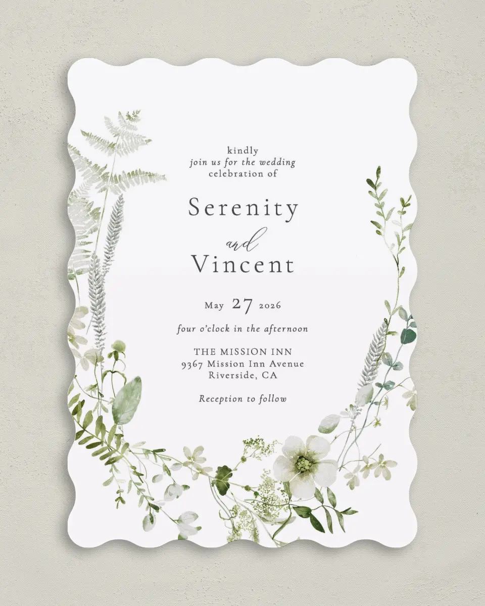 This is a 5" x 7" Wavy Wedding Invitation called Graceful Greenery printed in full color on Premium Smooth paper