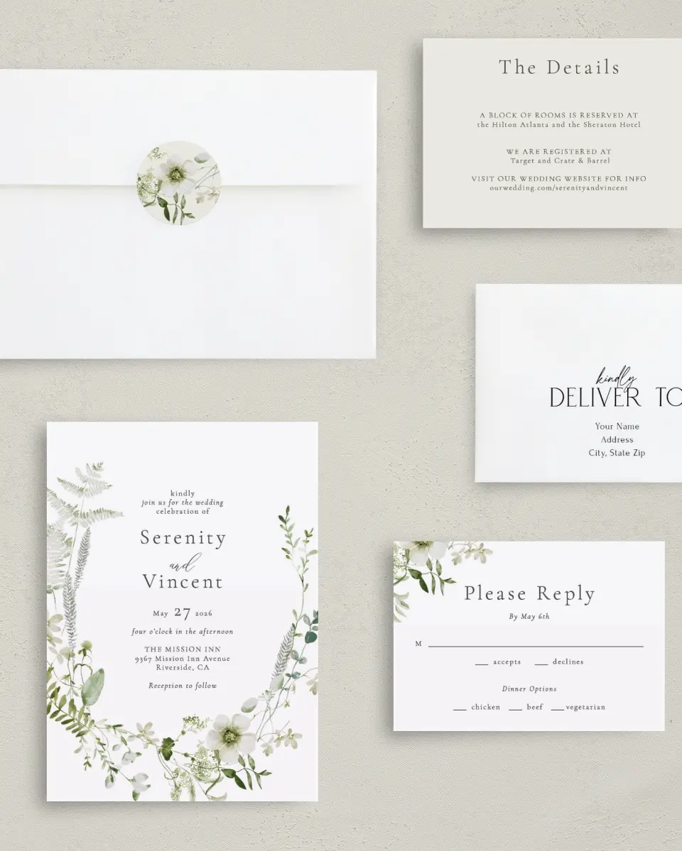 This is a 5" x 7" Classic Wedding Invitation called Graceful Greenery printed in full color with Rose Gold foil on Luxe Satin (coated) paper