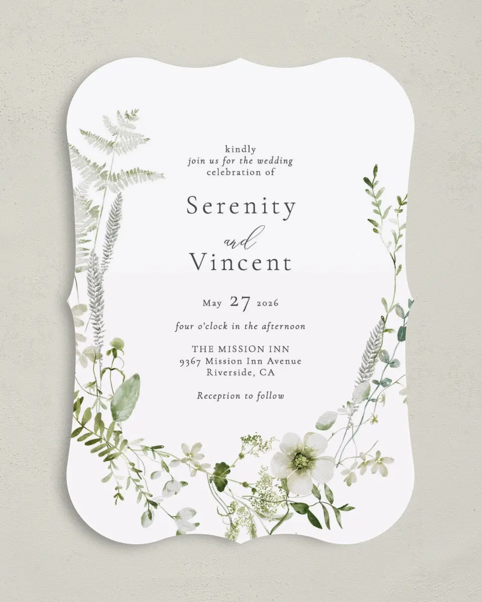 This is a 5" x 7" Bracket Wedding Invitation called Graceful Greenery printed in full color with Silver foil on Luxe Satin (coated) paper