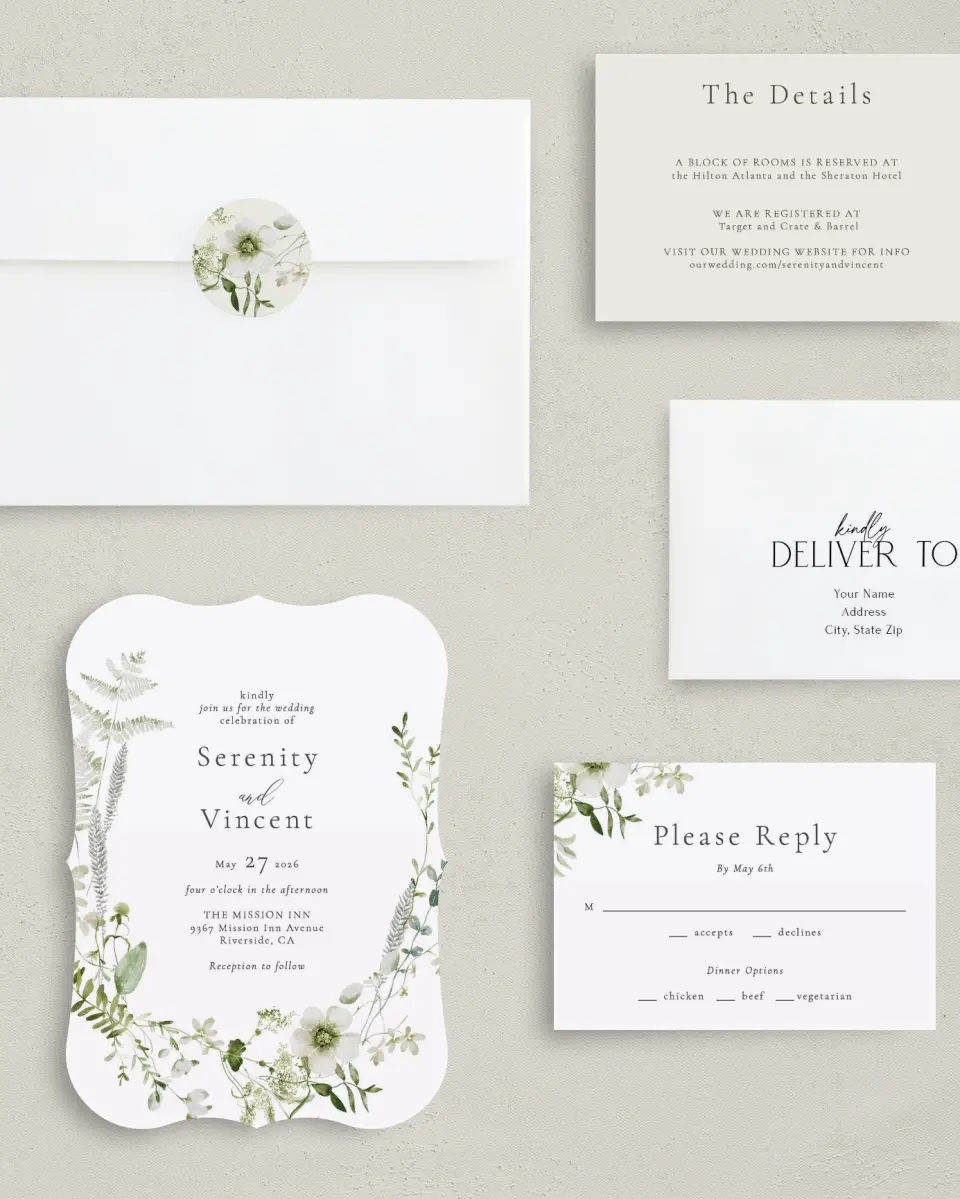 This is a 5" x 7" Bracket Wedding Invitation called Graceful Greenery printed in full color with Silver foil on Luxe Satin (coated) paper