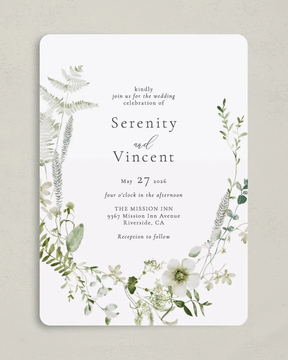This is a 5" x 7" Rounded Wedding Invitation called Graceful Greenery printed in full color on Premium Smooth paper