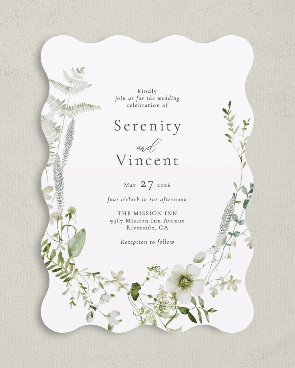 This is a 5" x 7" Wavy Wedding Invitation called Graceful Greenery printed in full color on Premium Smooth paper