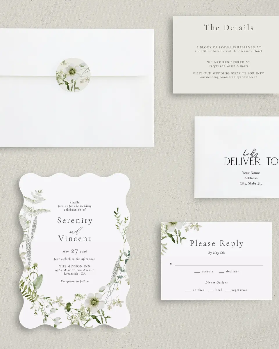 This is a 5" x 7" Wavy Wedding Invitation called Graceful Greenery printed in full color with Silver foil on Luxe Satin (coated) paper