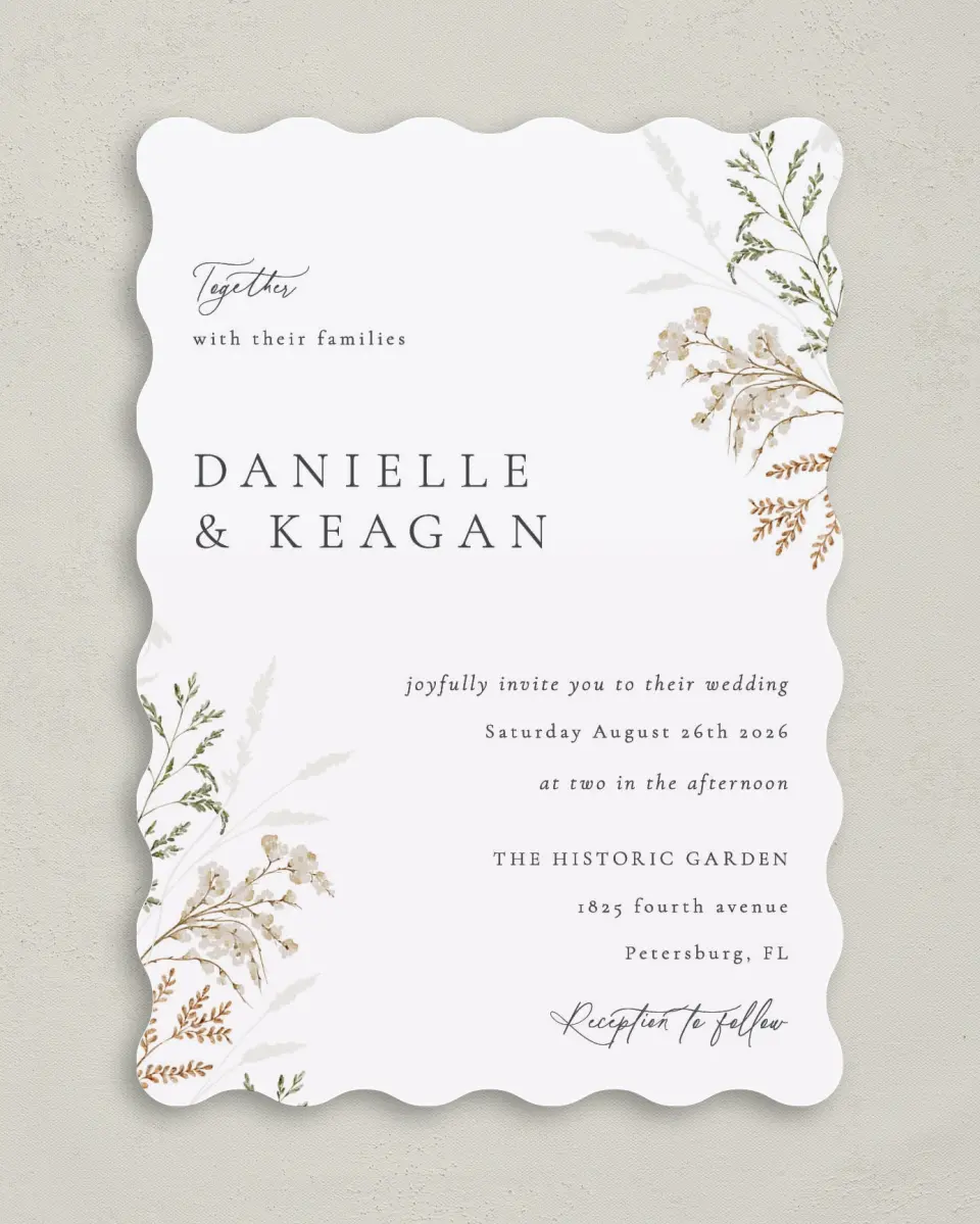 This is a 5" x 7" Wavy Wedding Invitation called Wild Devotion printed in full color on Premium Smooth paper