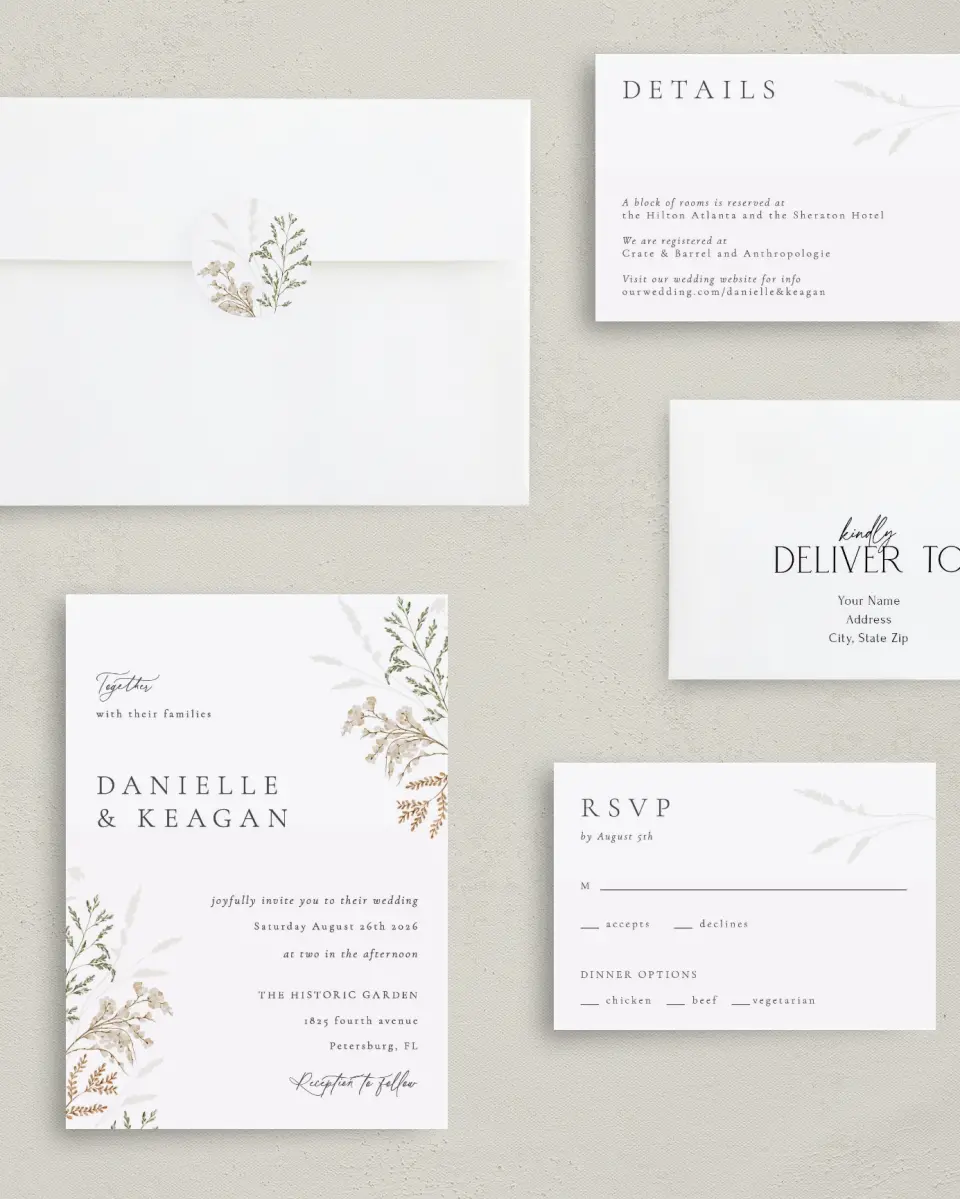 This is a 5" x 7" Classic Wedding Invitation called Wild Devotion printed in full color with Rose Gold foil on Luxe Satin (coated) paper