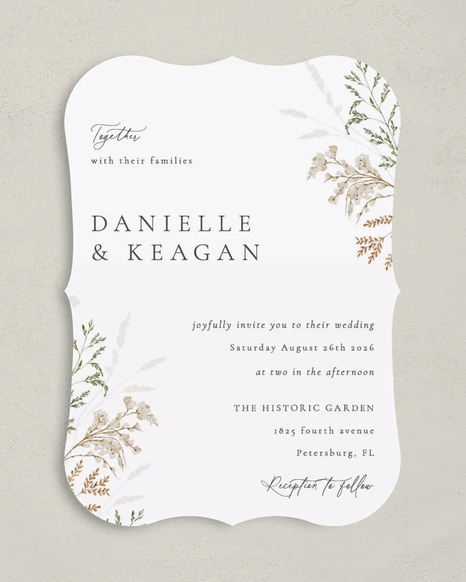 This is a 5" x 7" Bracket Wedding Invitation called Wild Devotion printed in full color with Silver foil on Luxe Satin (coated) paper