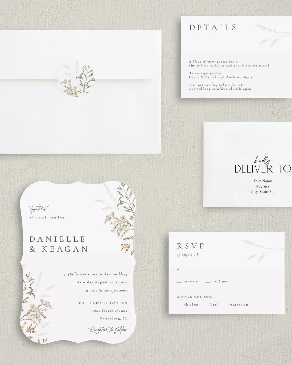 This is a 5" x 7" Bracket Wedding Invitation called Wild Devotion printed in full color with Silver foil on Luxe Satin (coated) paper